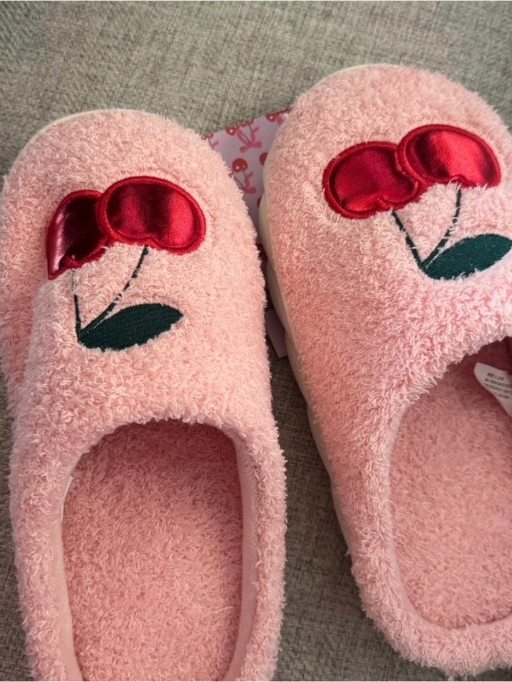 Pink Fuzzy Cherry Appliqué Slippers